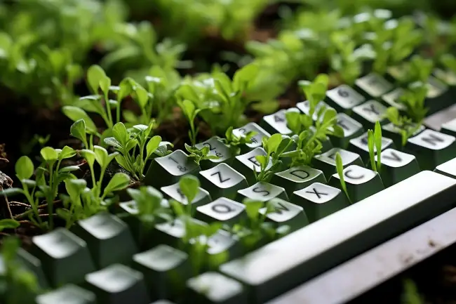 Gros plant d'un clavier d'ordinateur garnit de végétation.